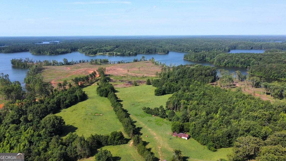 a view of a lake with a city