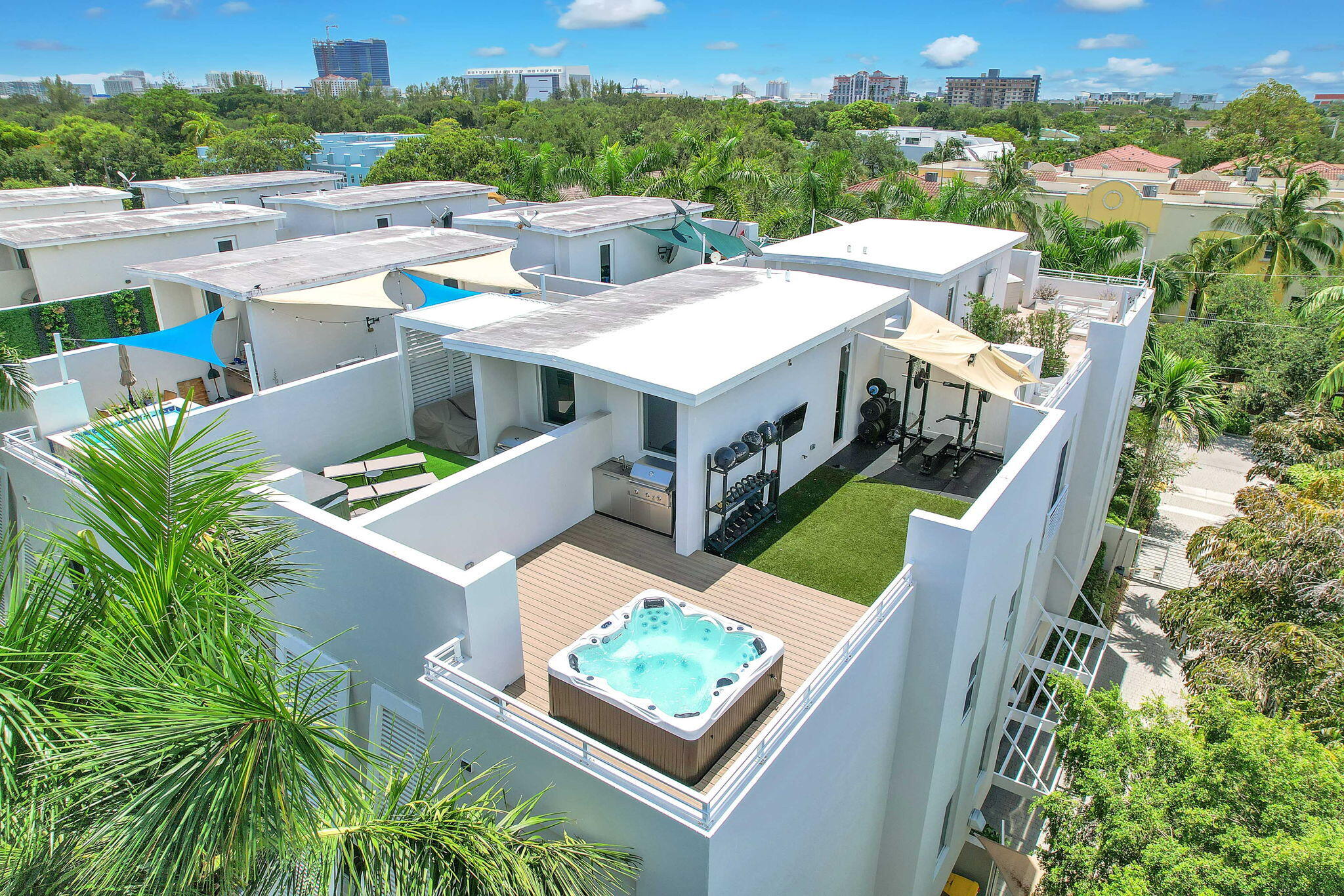 an aerial view of a house with a garden