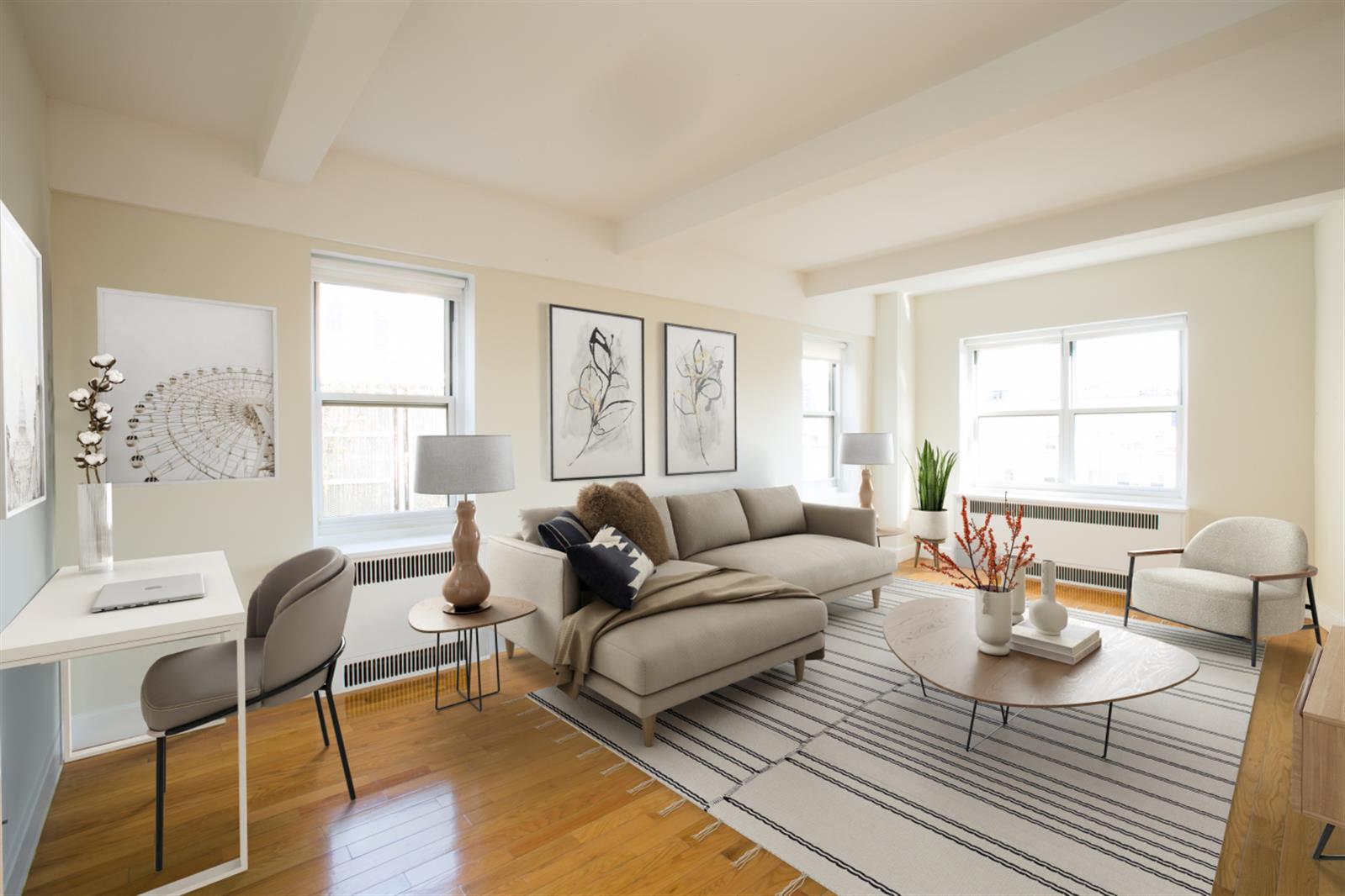 a living room with furniture and a table