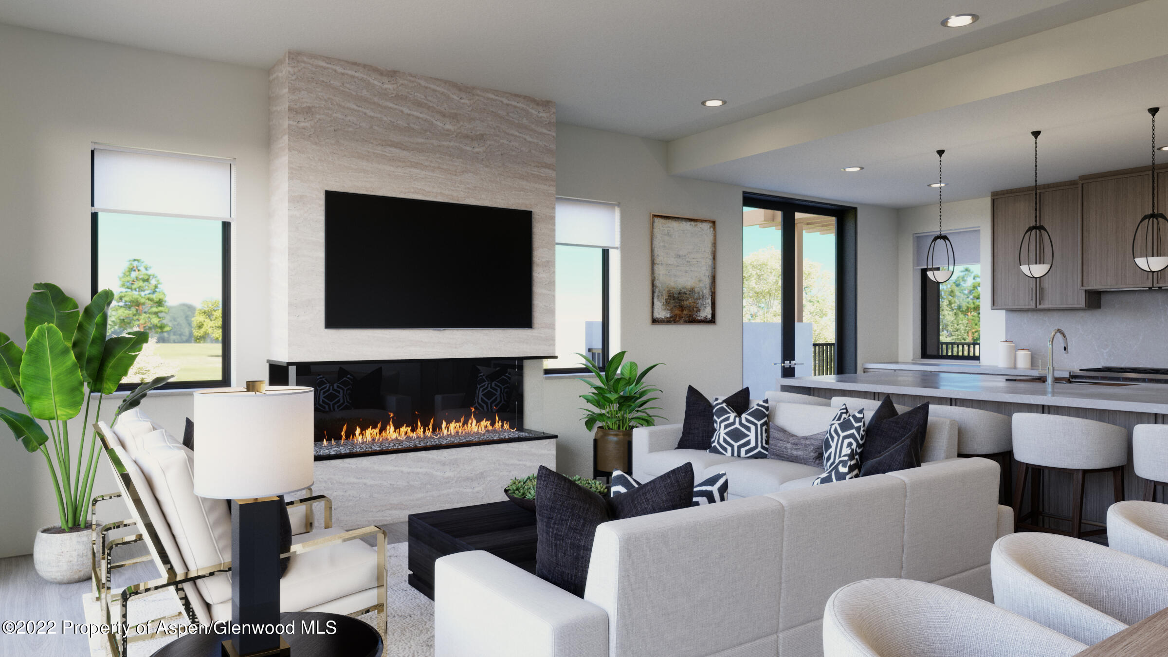 a living room with furniture a large window and a flat screen tv