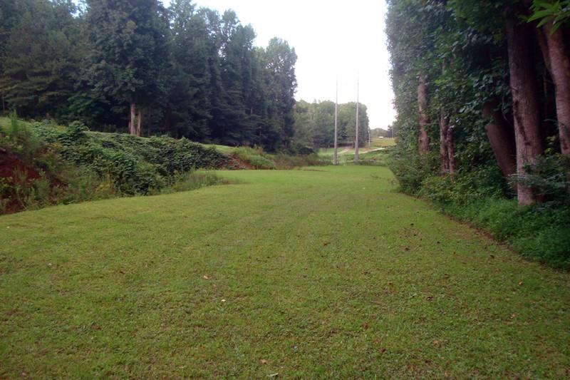 a view of a field with trees in the background