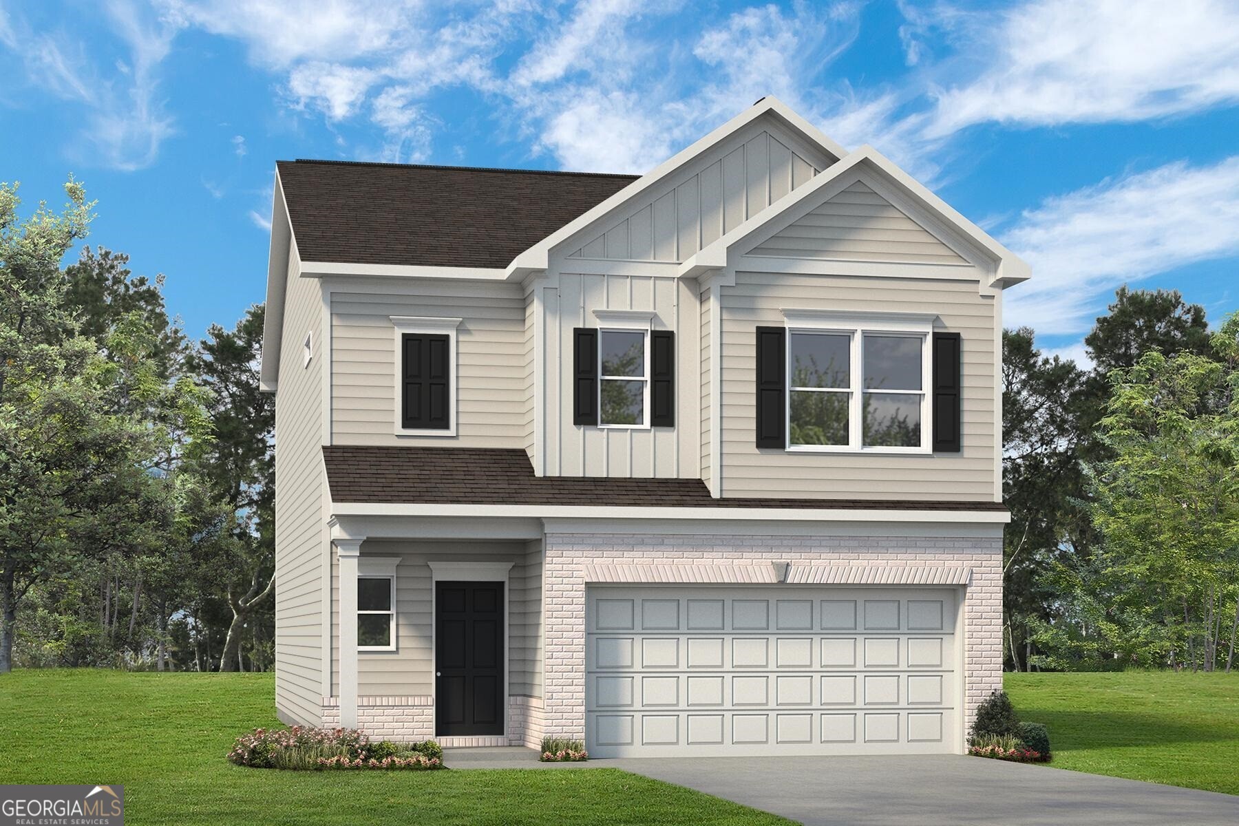 a front view of a house with a yard and garage