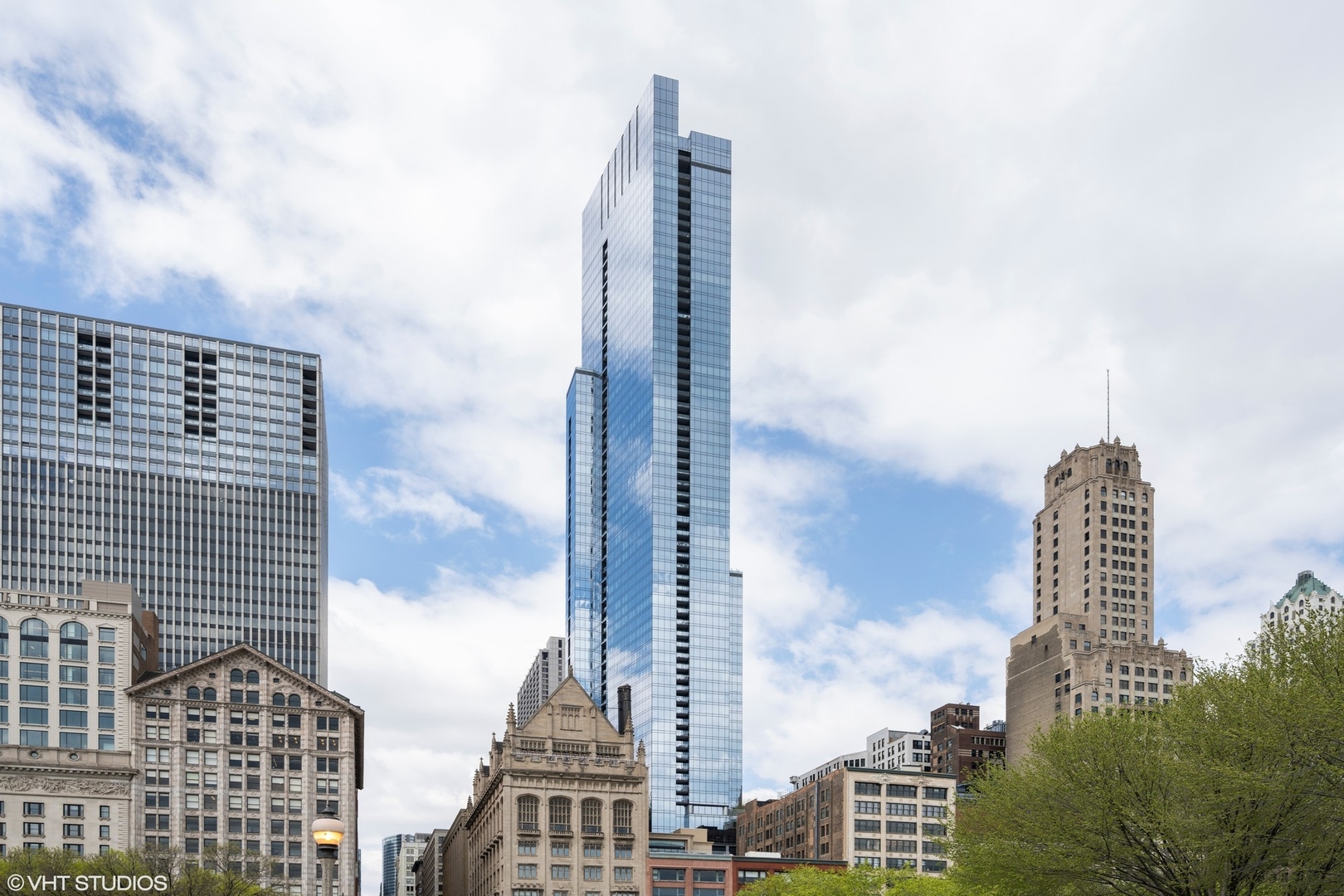 a city view with tall buildings