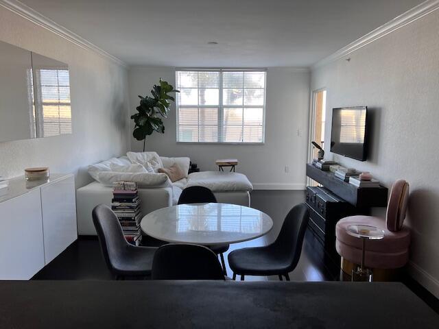 a view of a dining room with furniture