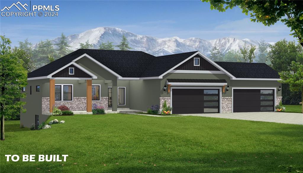 Craftsman house with a mountain view, a garage, and a front yard