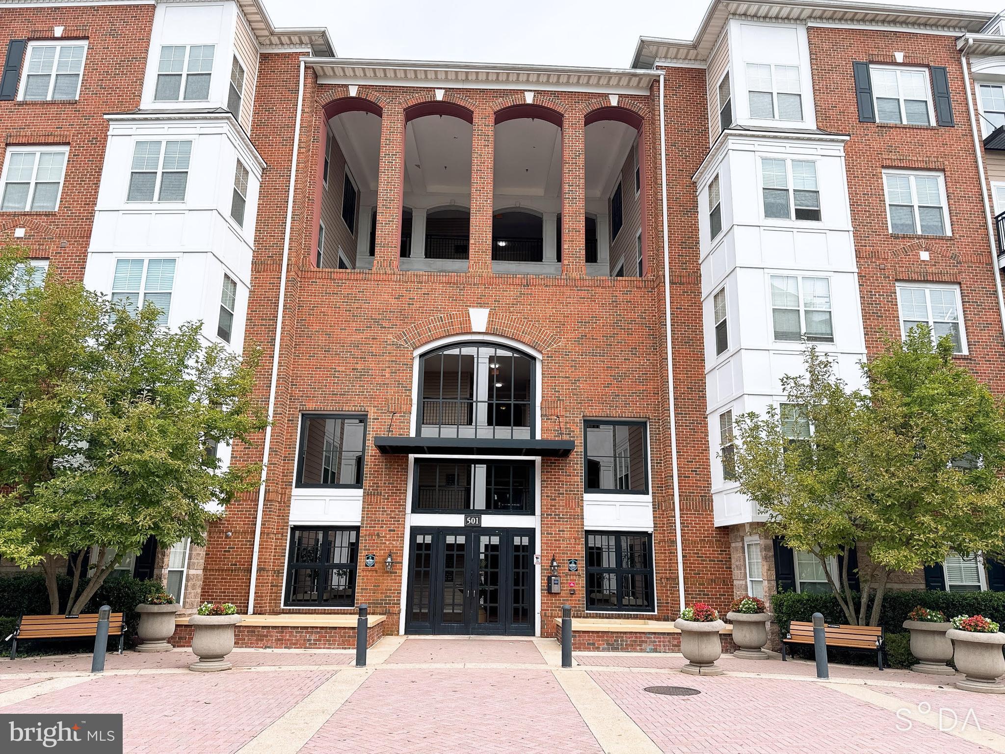 a front view of a building with a entrance