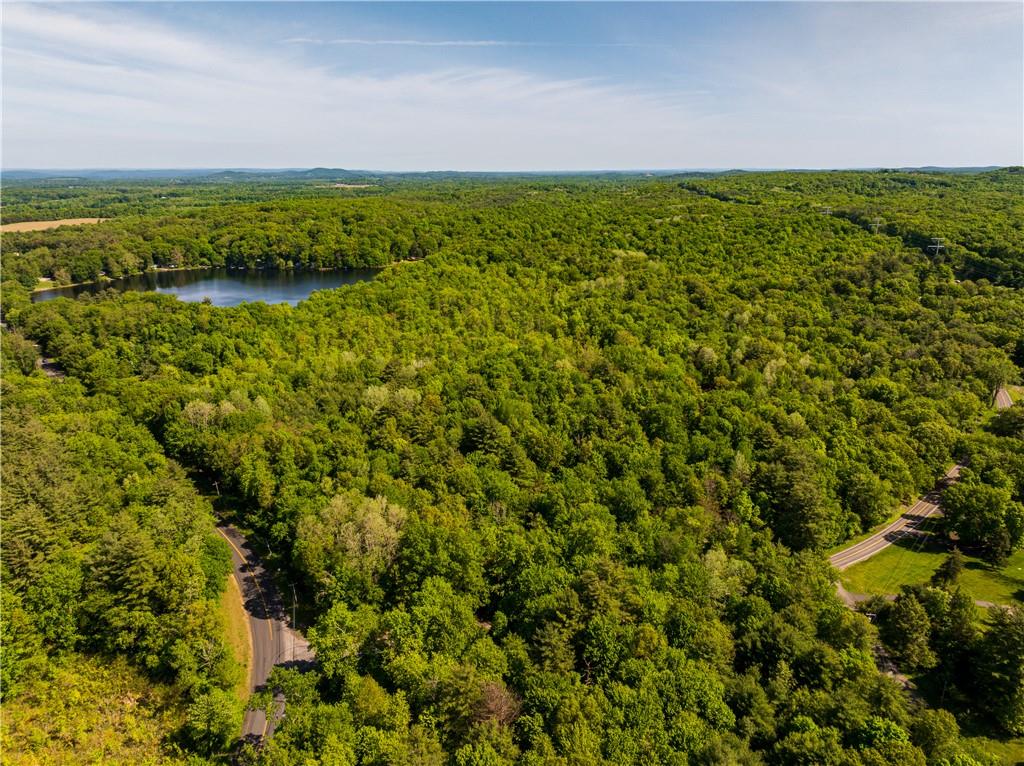 Birds eye view of the corner of Snyderville and Route 19 with twin lakes