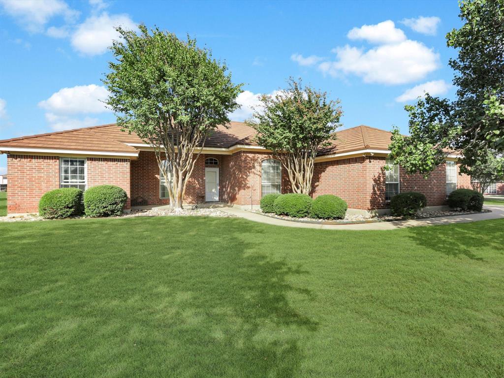 a front view of house with yard and green space