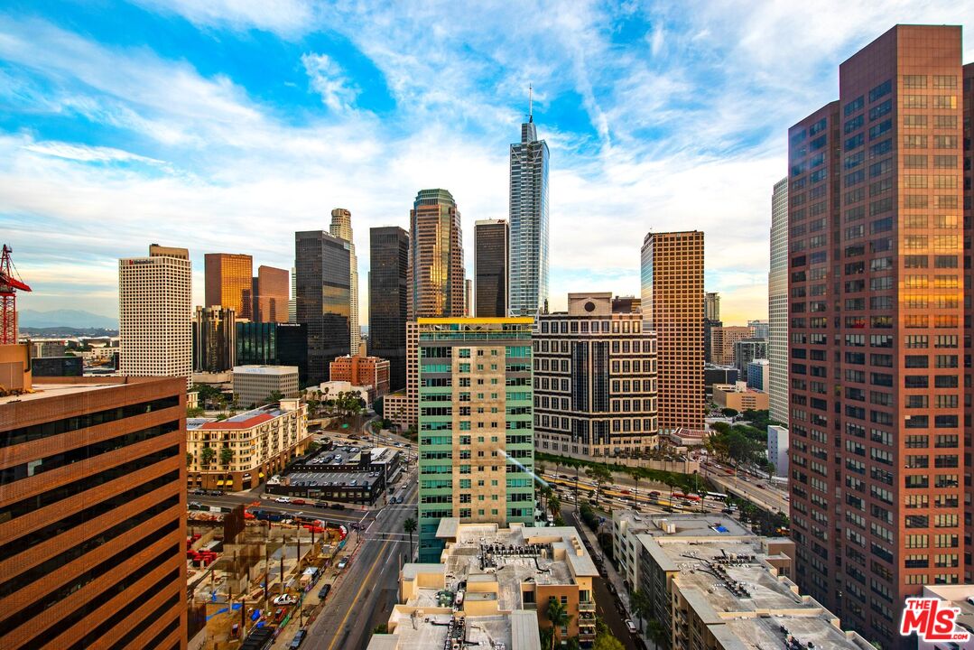 a city view with tall buildings