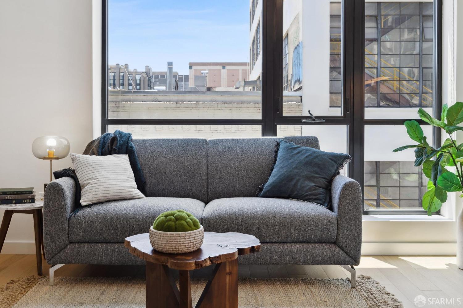 a living room with furniture and a potted plant