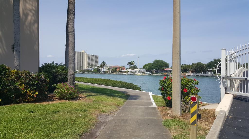 a view of a lake with a big yard and potted plants