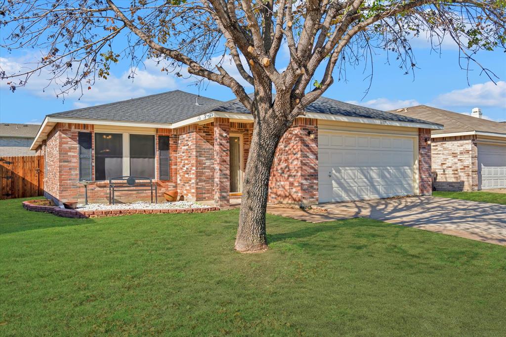 a view of a house with backyard and a tree