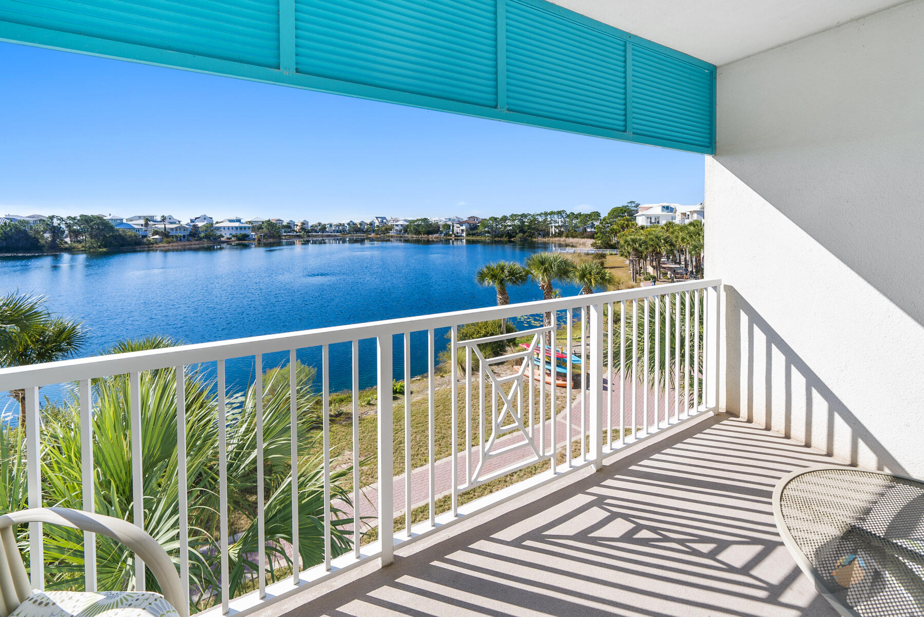 a view of a balcony with lake view