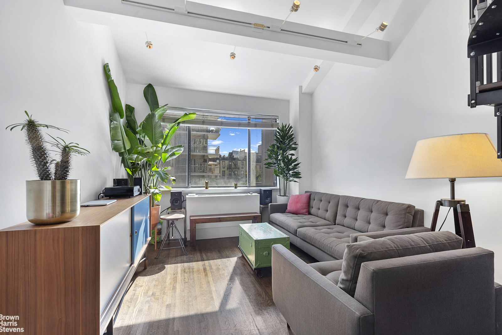 a living room with furniture and a potted plant