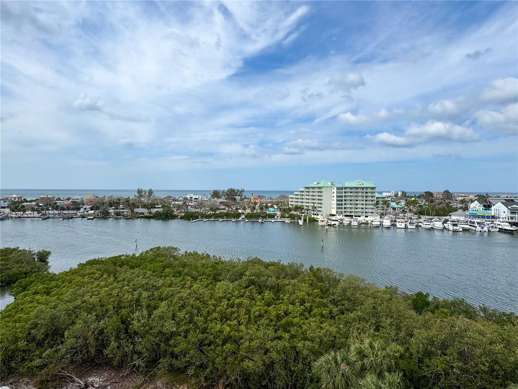 a view of a lake with a city