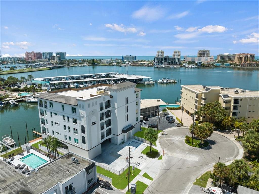 a view of a lake with a building in front of it