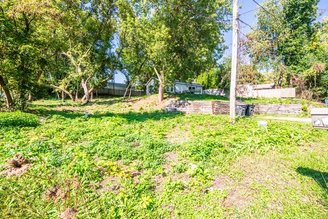 a view of a backyard with large trees