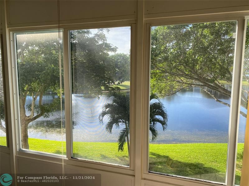 a view of swimming pool from a window