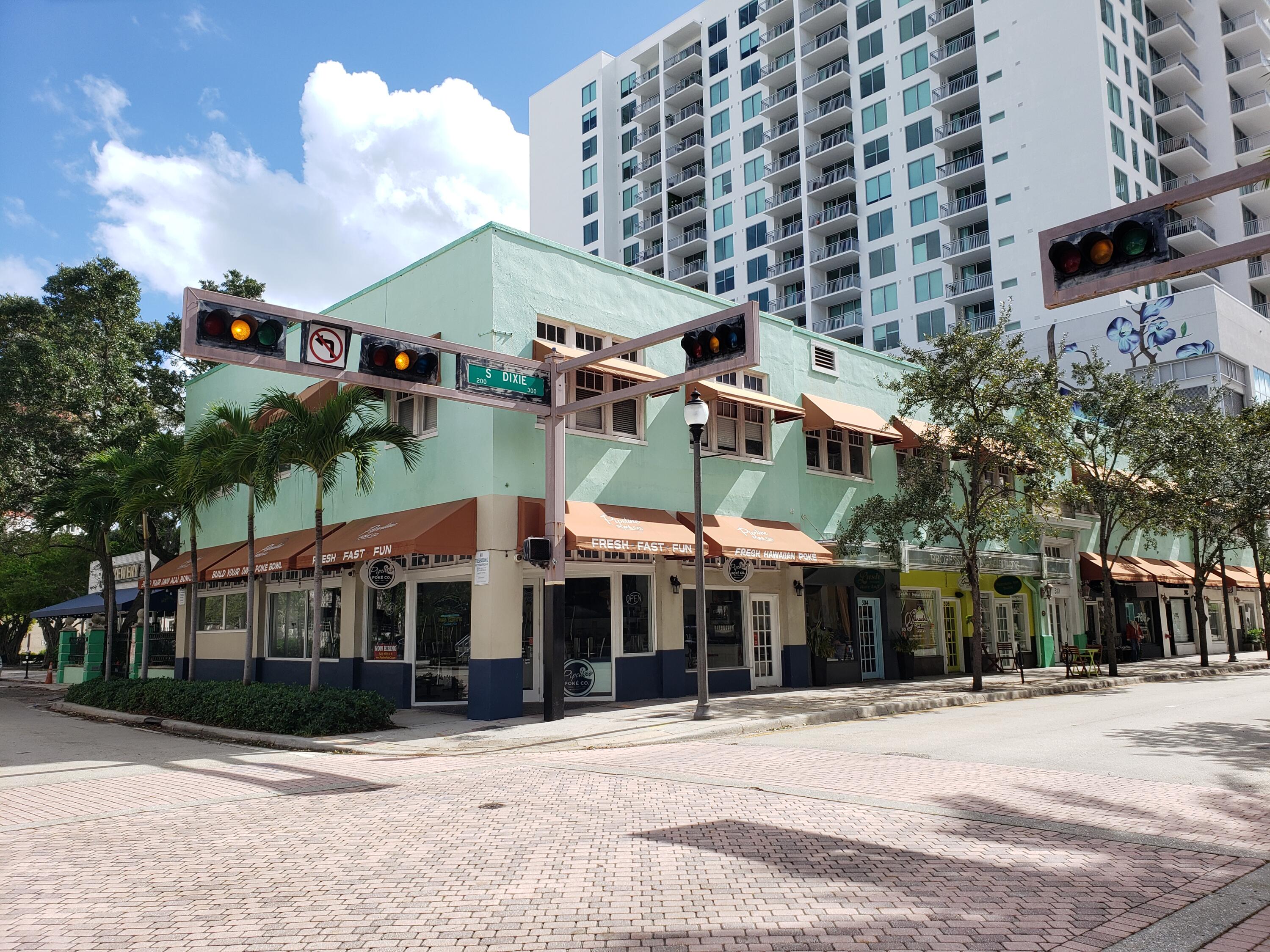 a view of a building with a street