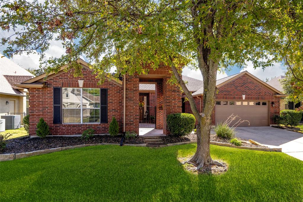 a front view of a house with a yard and large tree