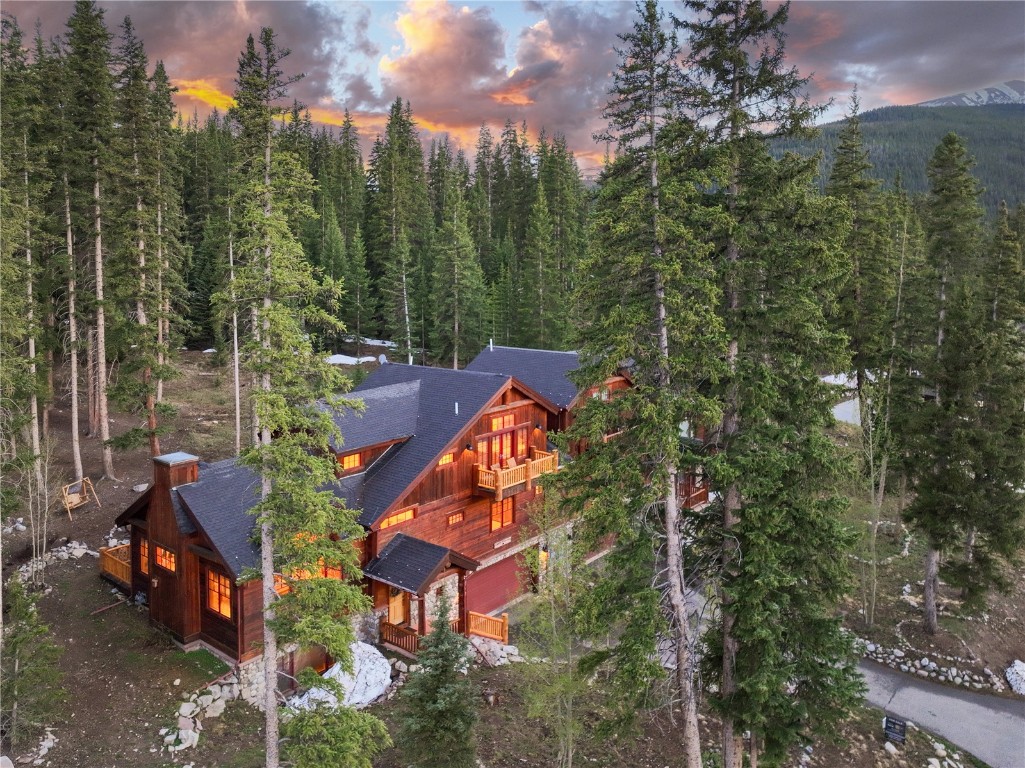 an aerial view of a house with a yard and trees