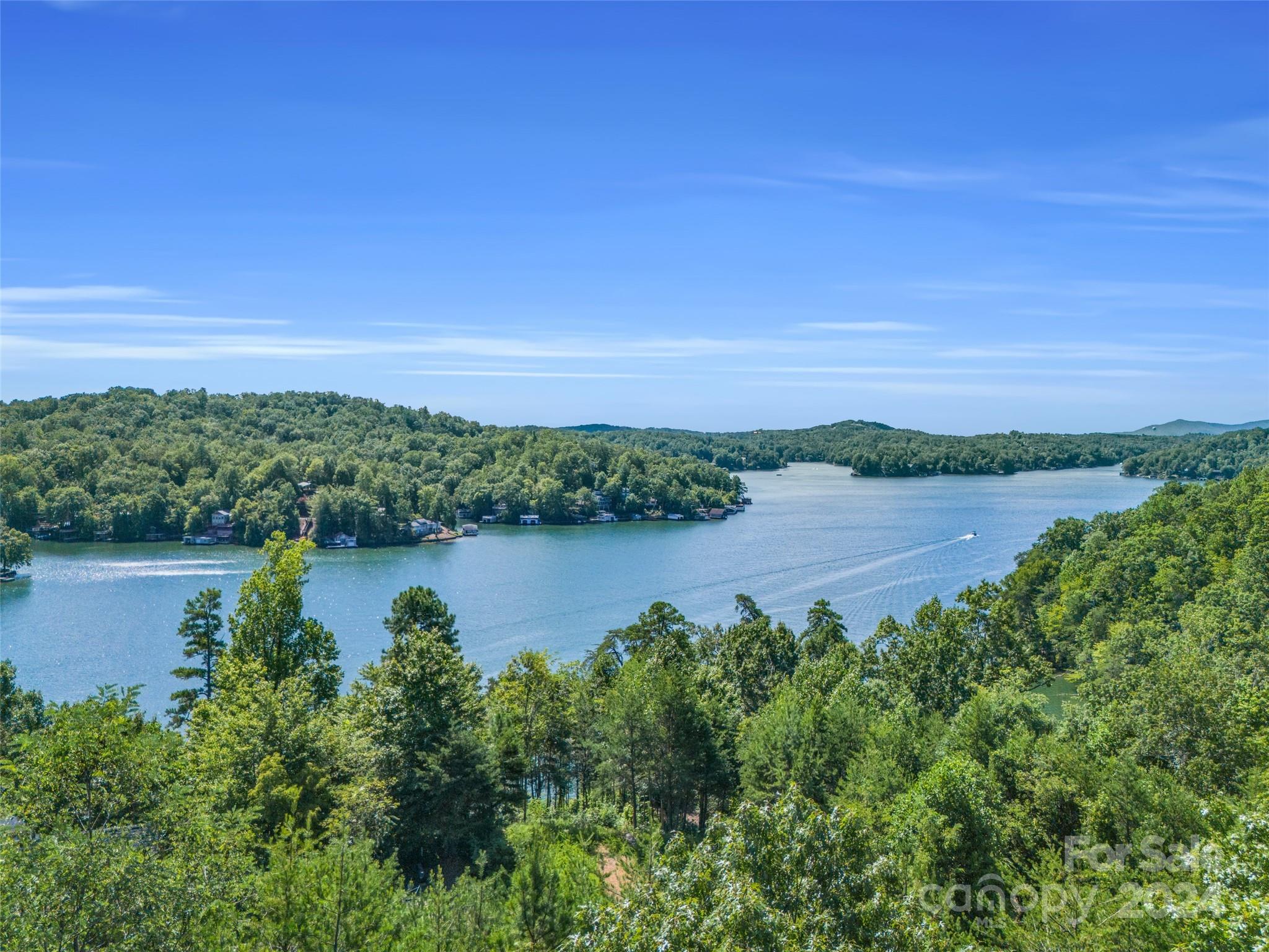 a view of a lake with houses in the back