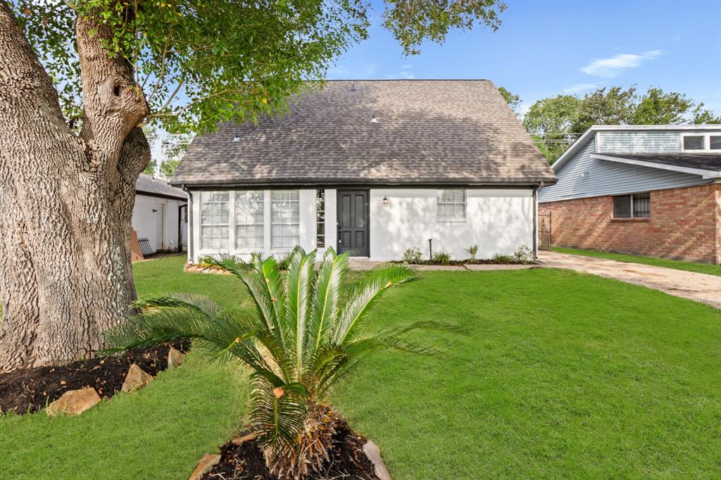 a view of a garden in front of a house