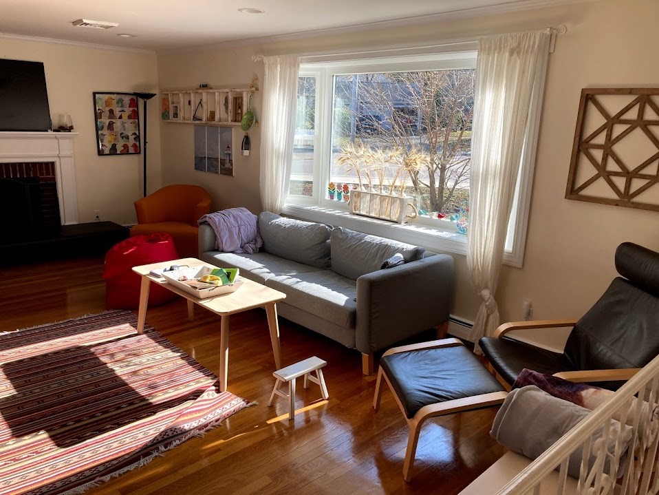 a living room with furniture rug and window