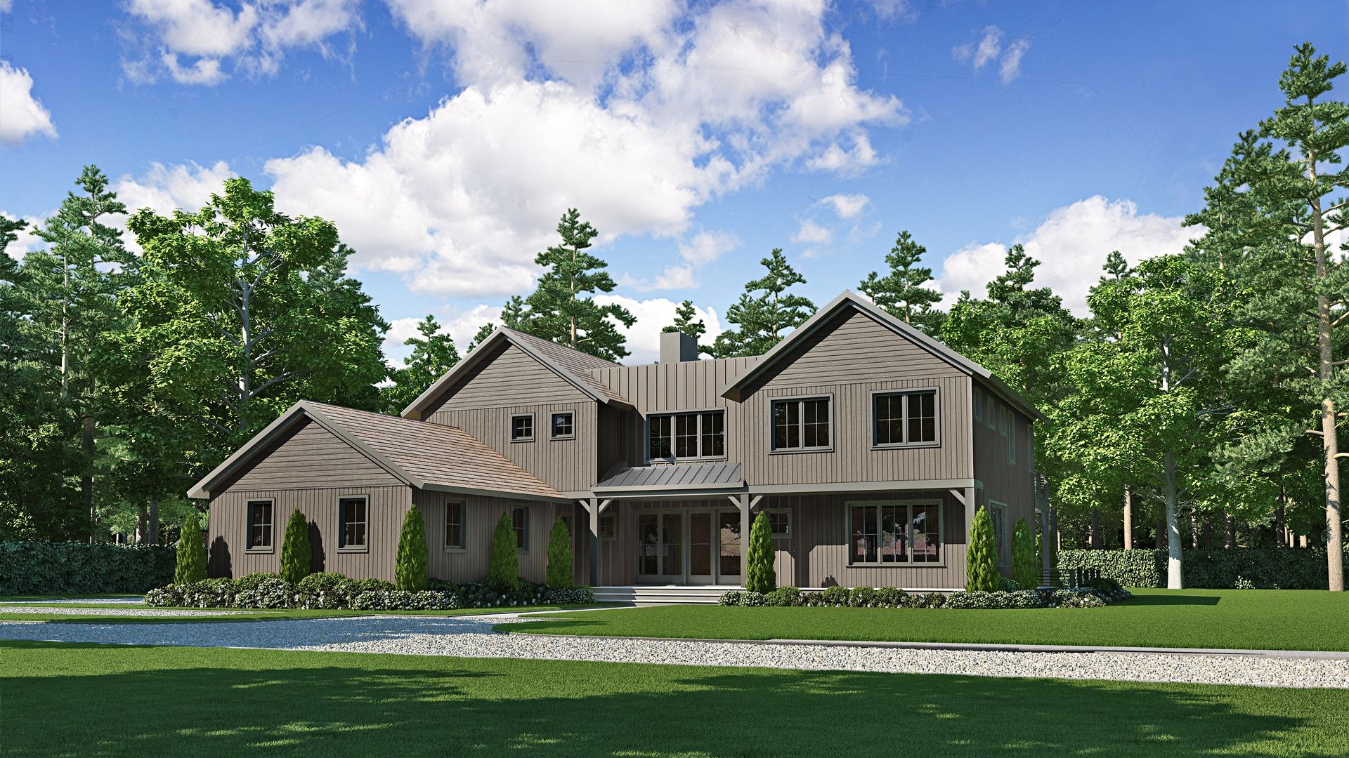 a front view of a house with a garden and plants