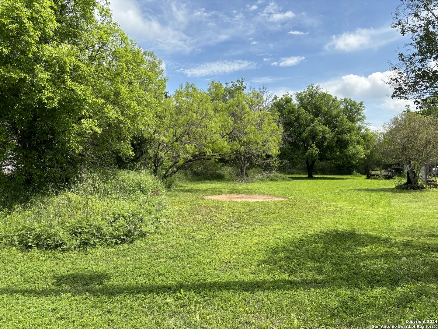 a view of a yard with a house in the background