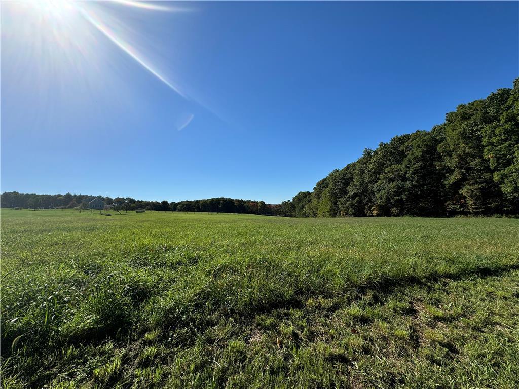 a view of a green field with an ocean view