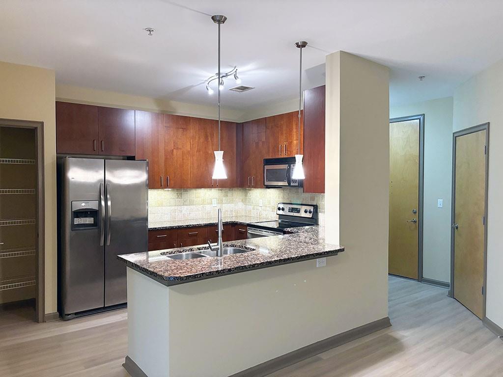 a kitchen with stainless steel appliances granite countertop a sink a refrigerator and chandelier