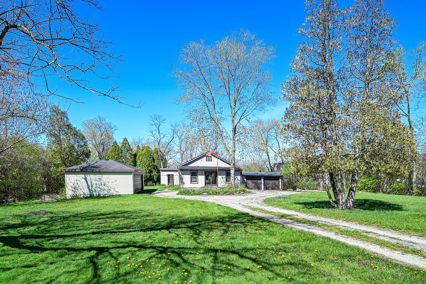 a view of a house with a big yard plants and large trees