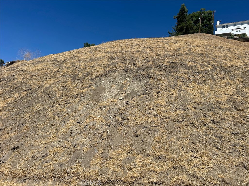 a view of a dry yard with mountain view