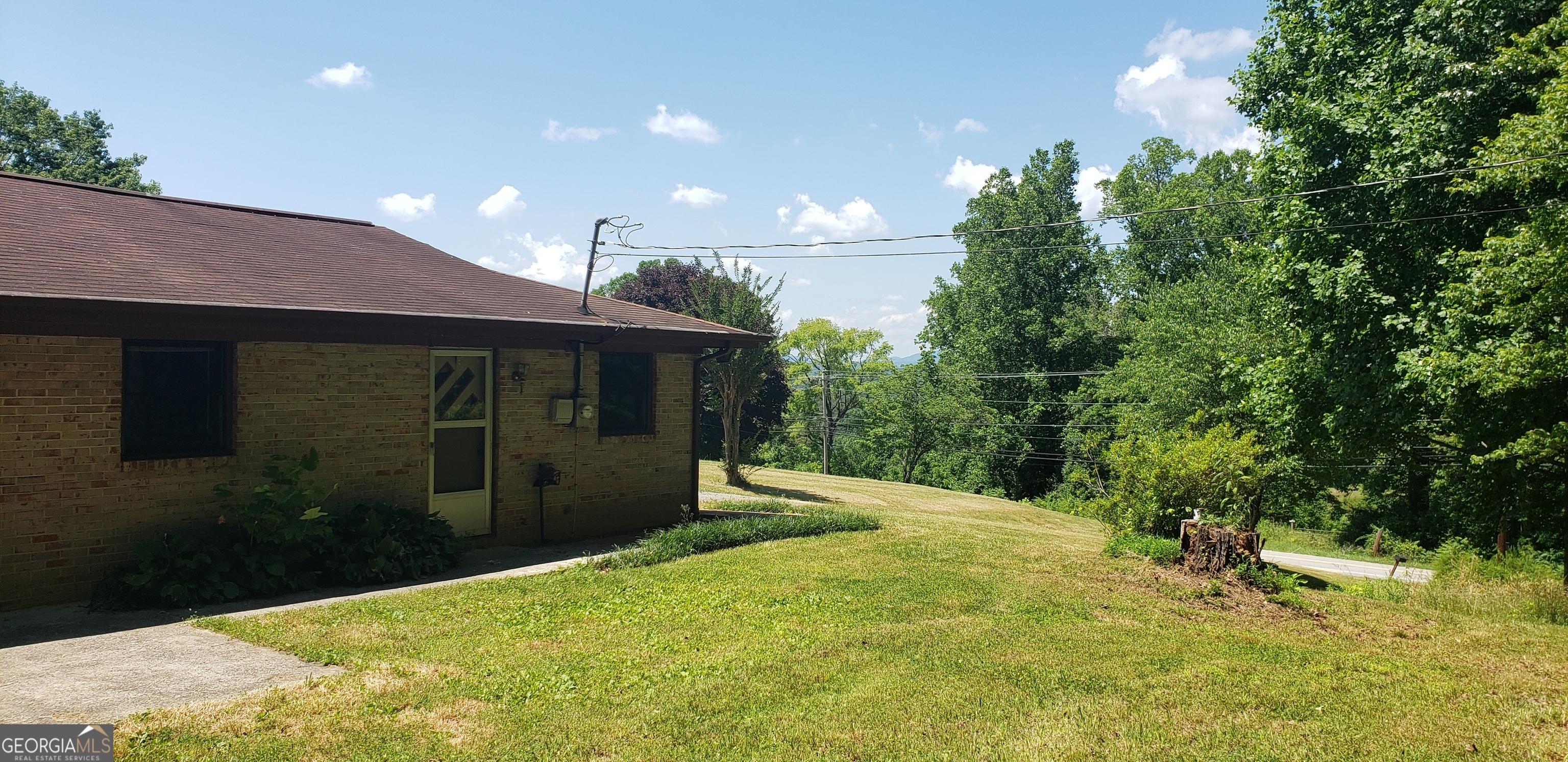 a backyard of a house with a yard and tree