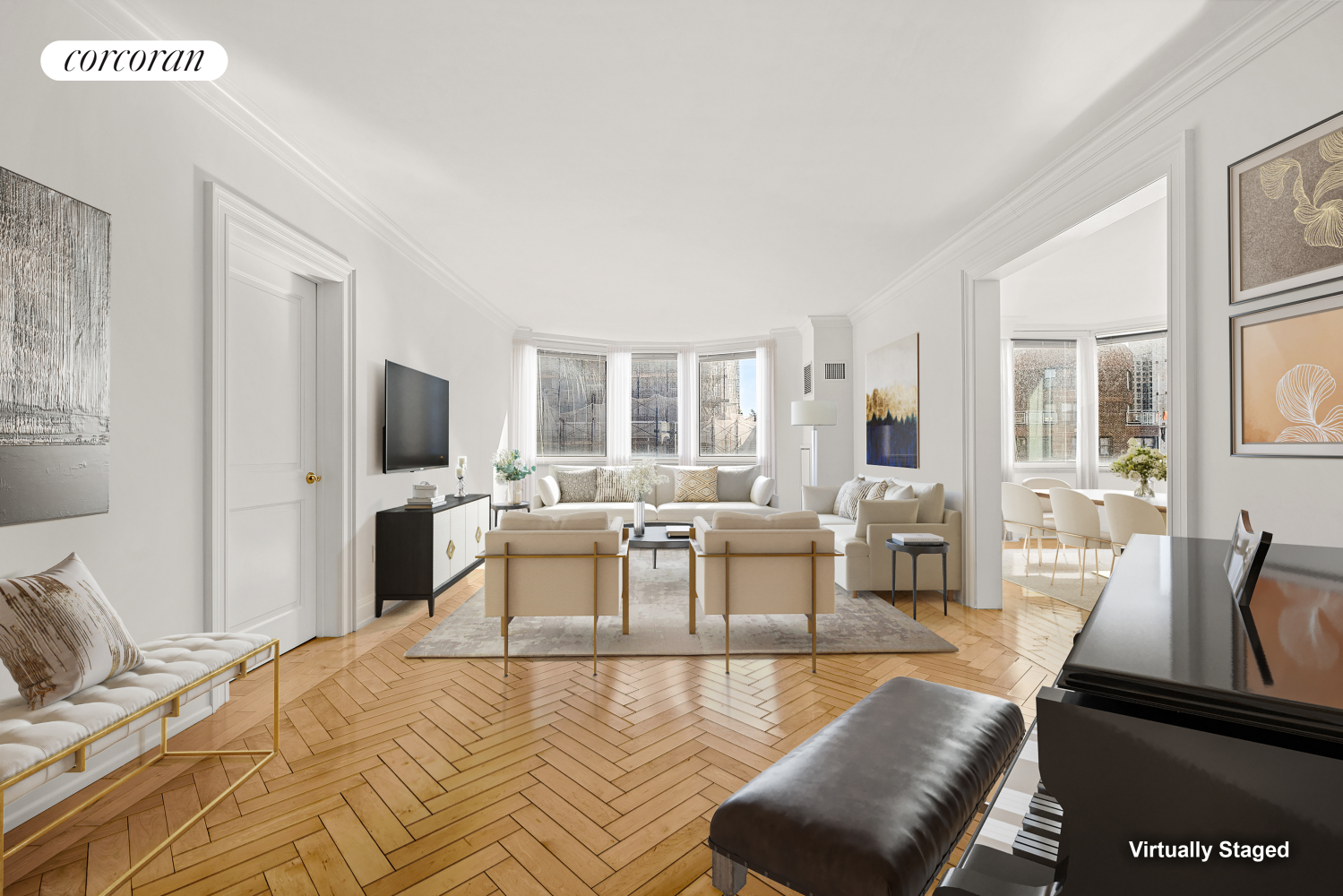 a living room with furniture wooden floor and a large window