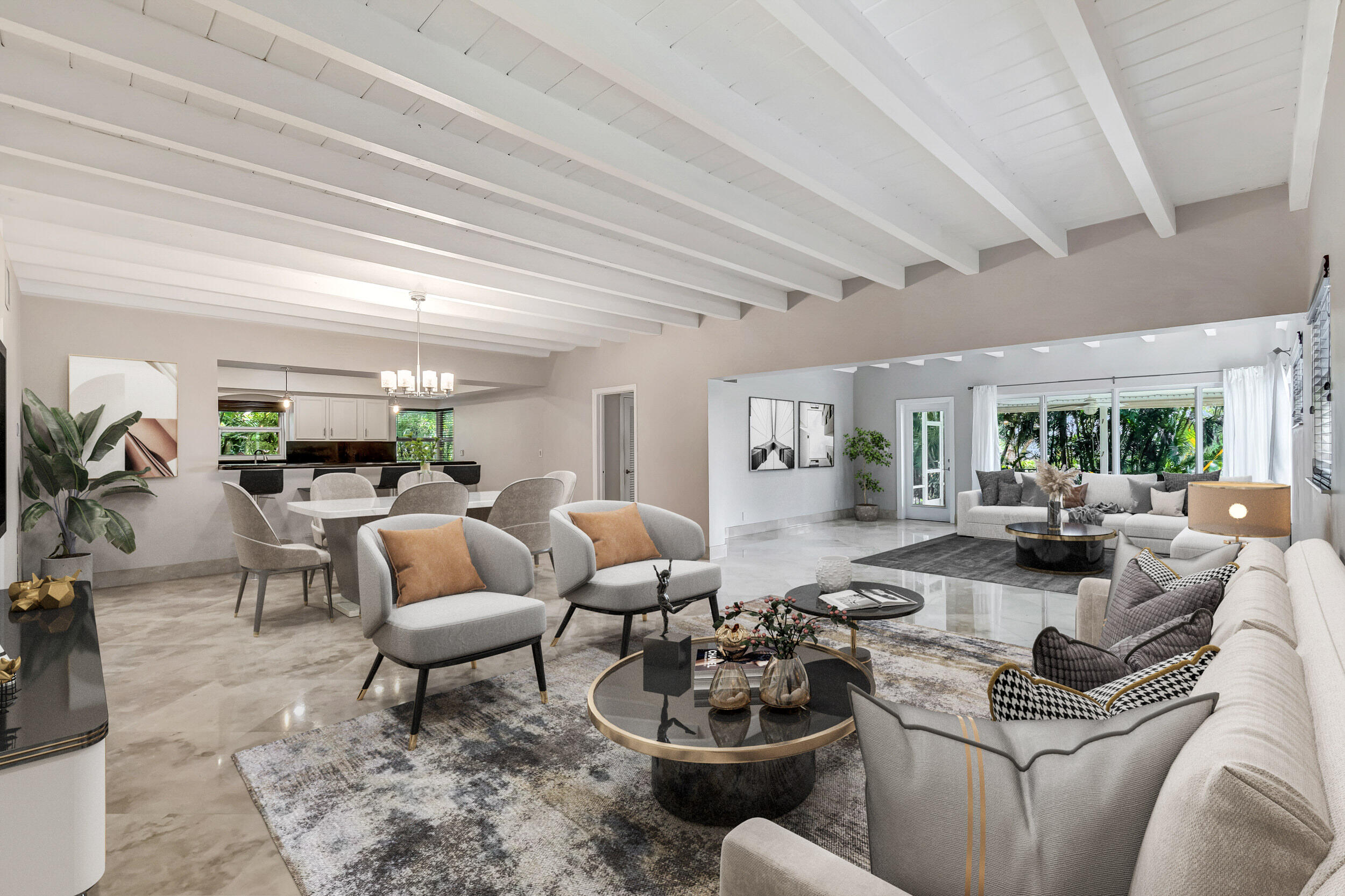 a living room with furniture and a table