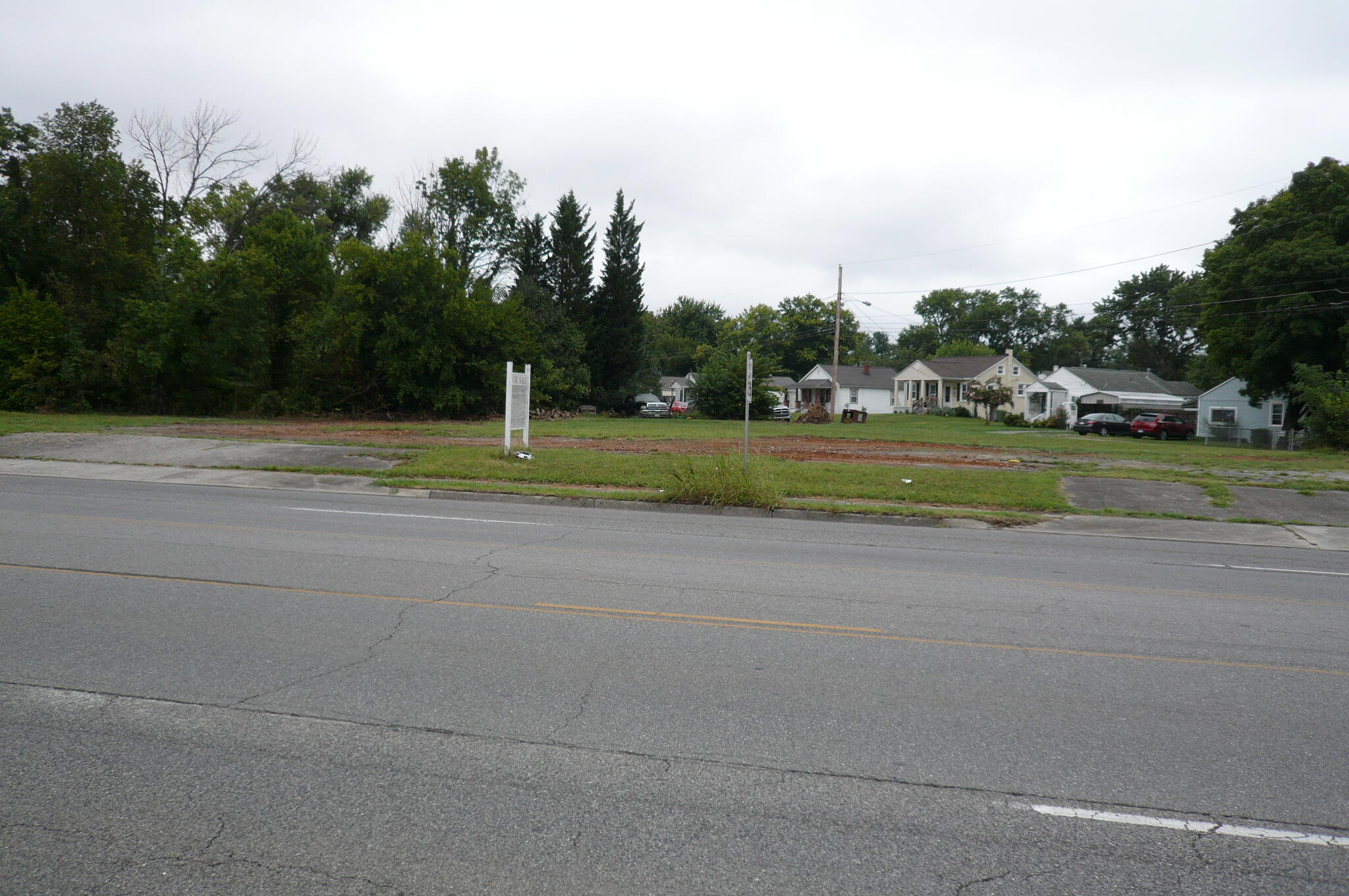 a big yard with road and trees in the background