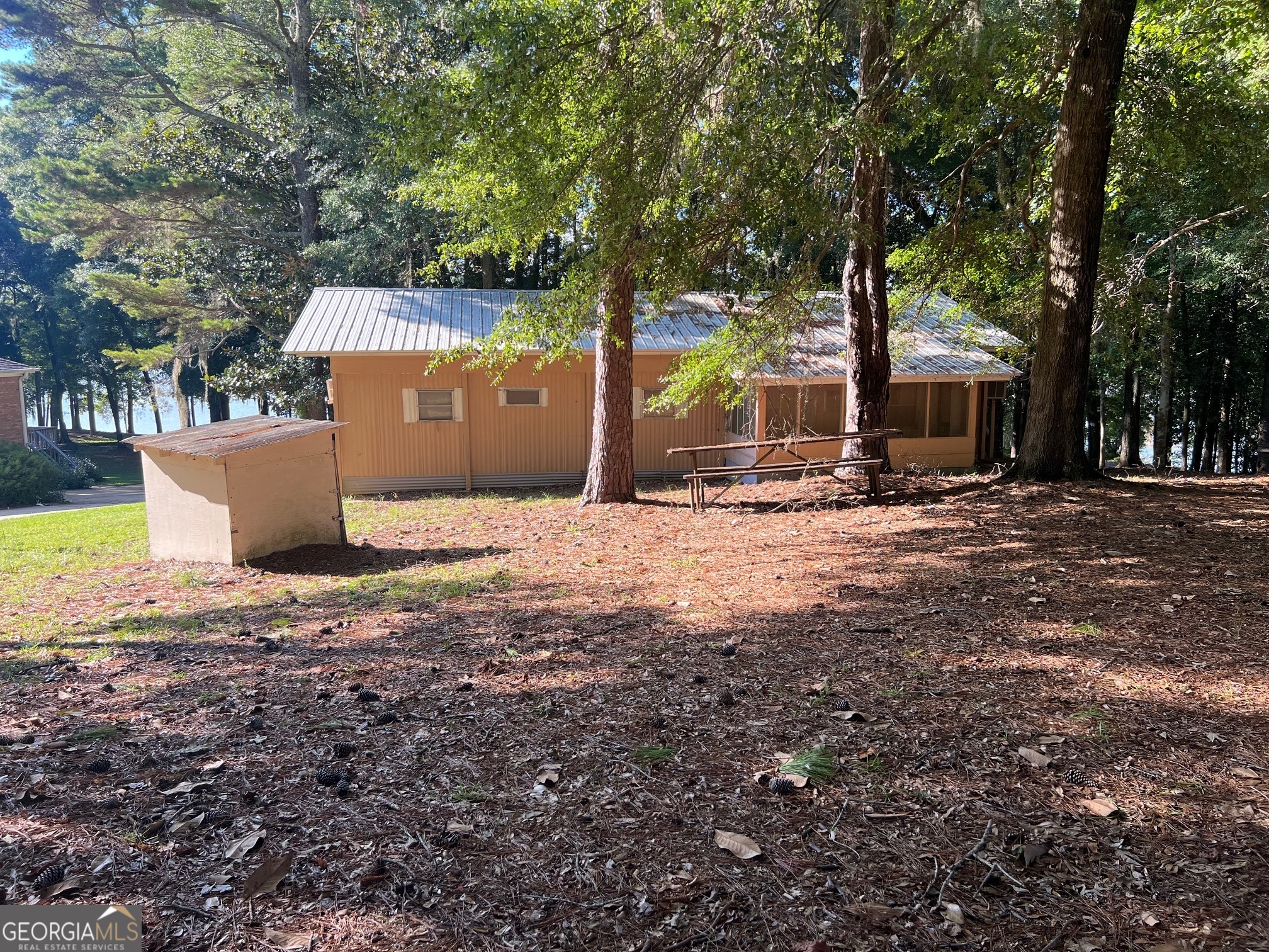 a backyard of a house with yard and tree