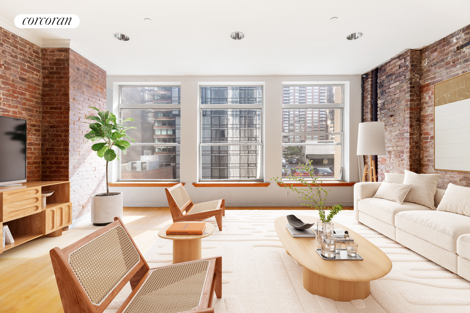 a living room with furniture and floor to ceiling windows