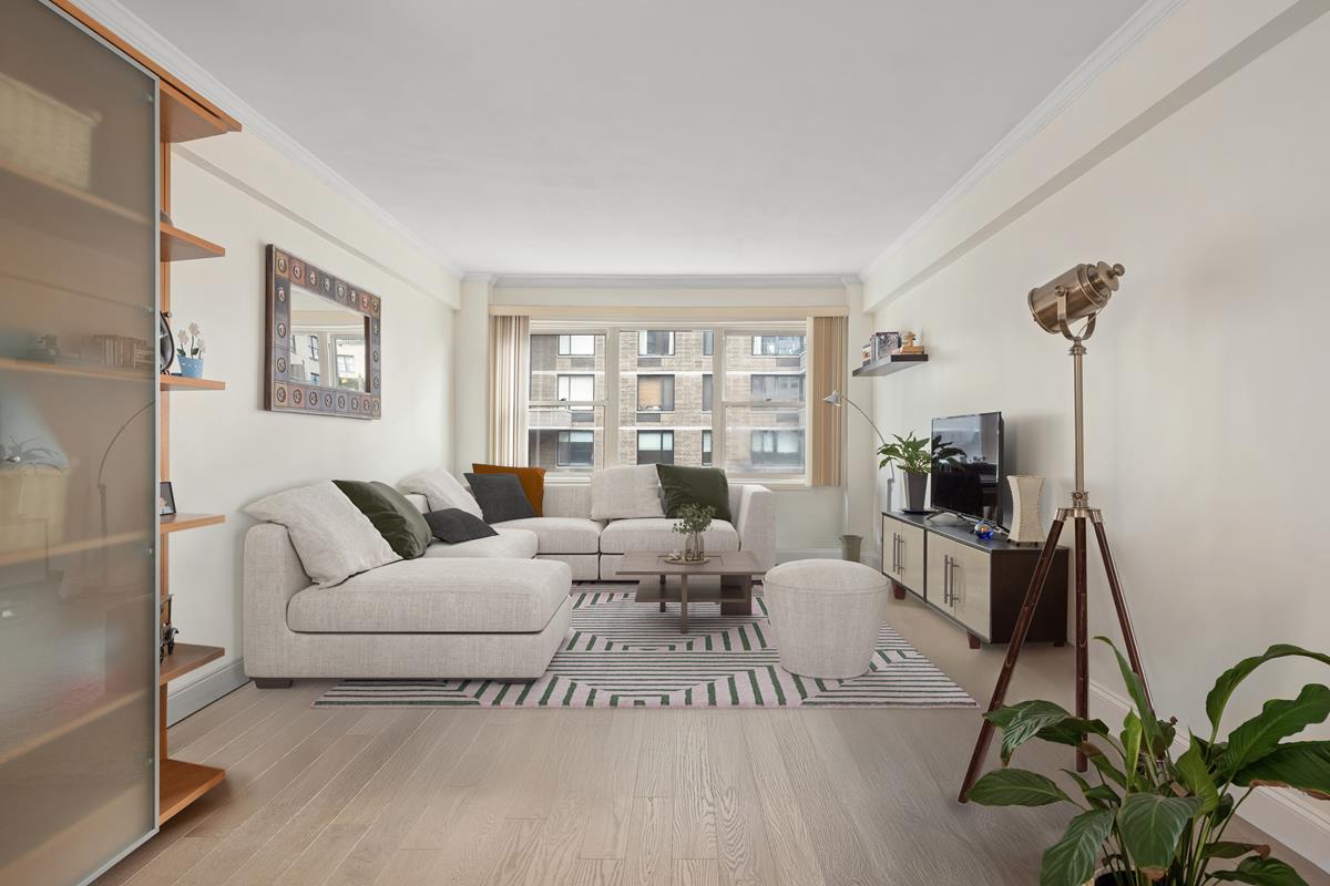 a living room with furniture potted plant and a window