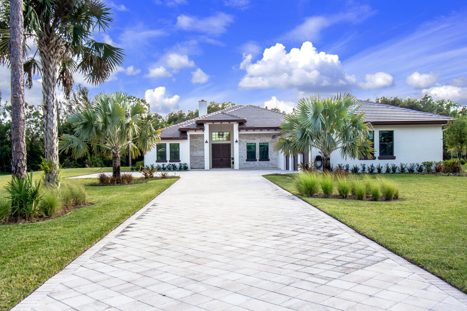 a front view of house with yard and green space