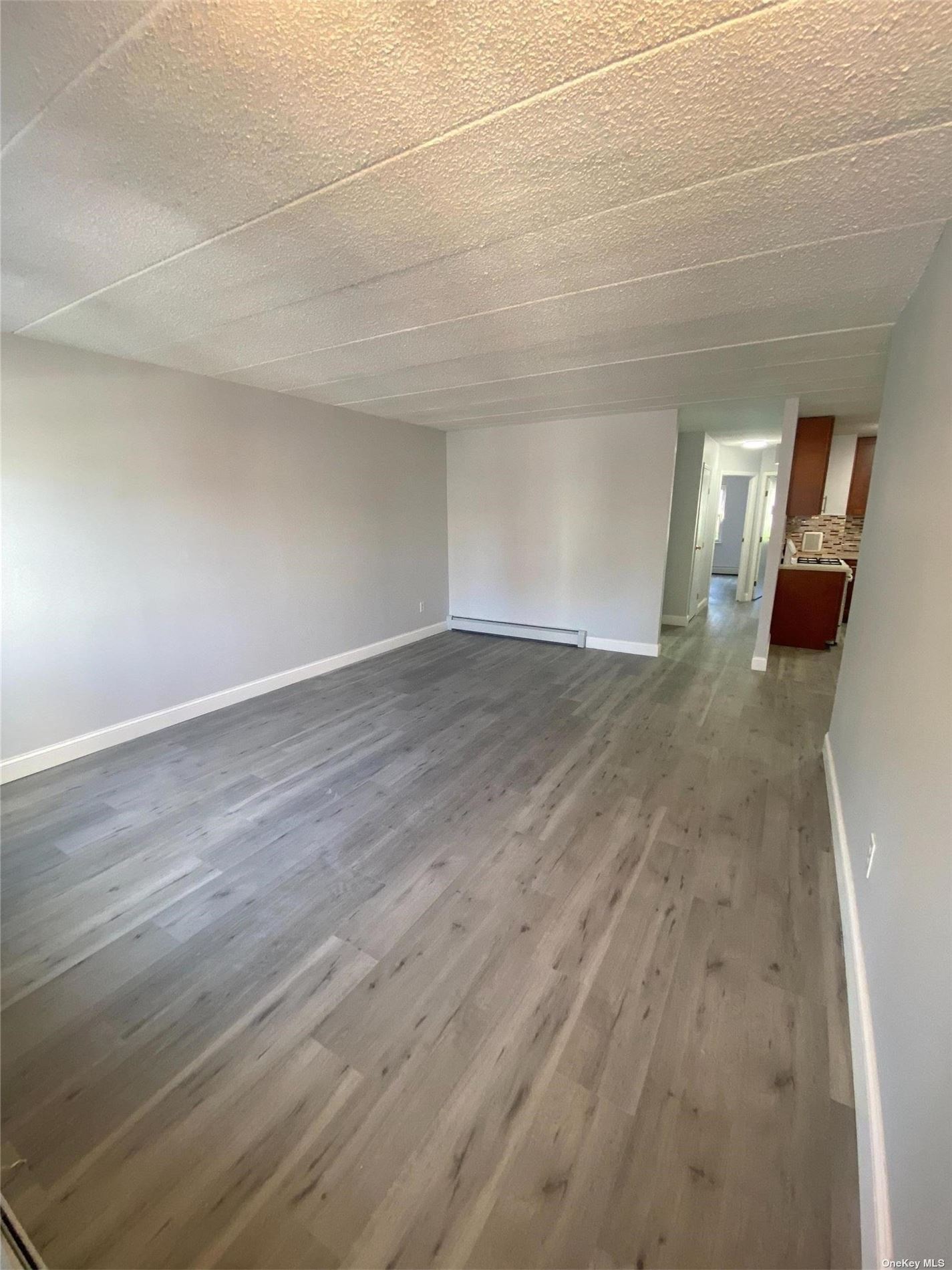 a view of a room with wooden floor and a hallway