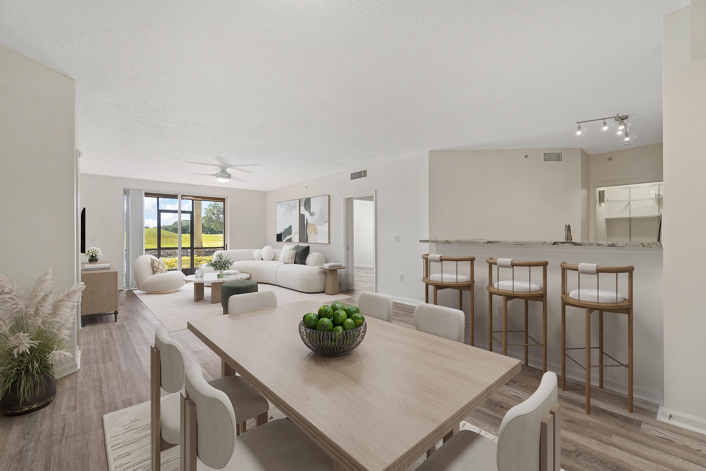 a view of a dining room with furniture and wooden floor