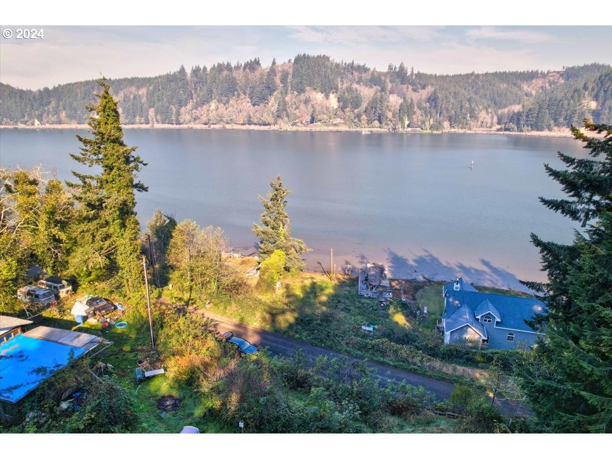 an aerial view of a house with a yard and lake view