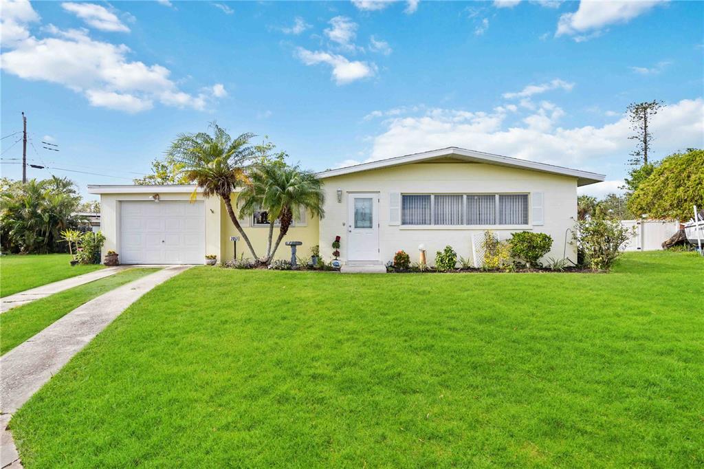 a front view of house with yard and green space