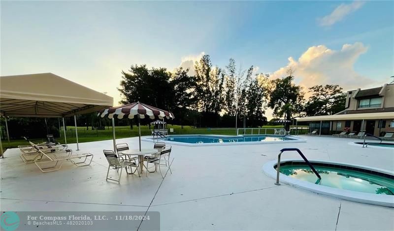 a view of a swimming pool with a patio and a garden