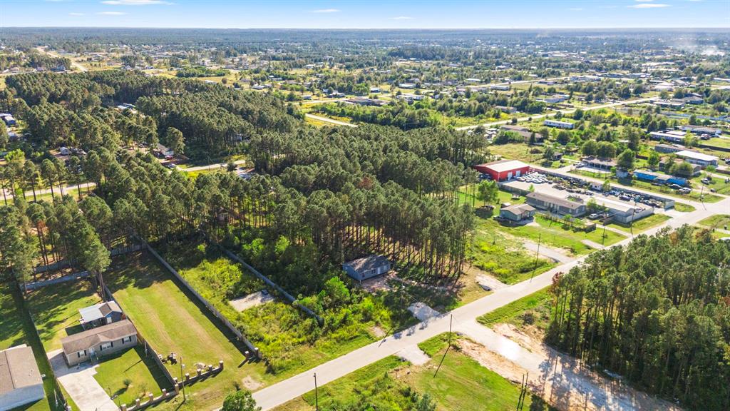 an aerial view of residential houses with outdoor space and trees