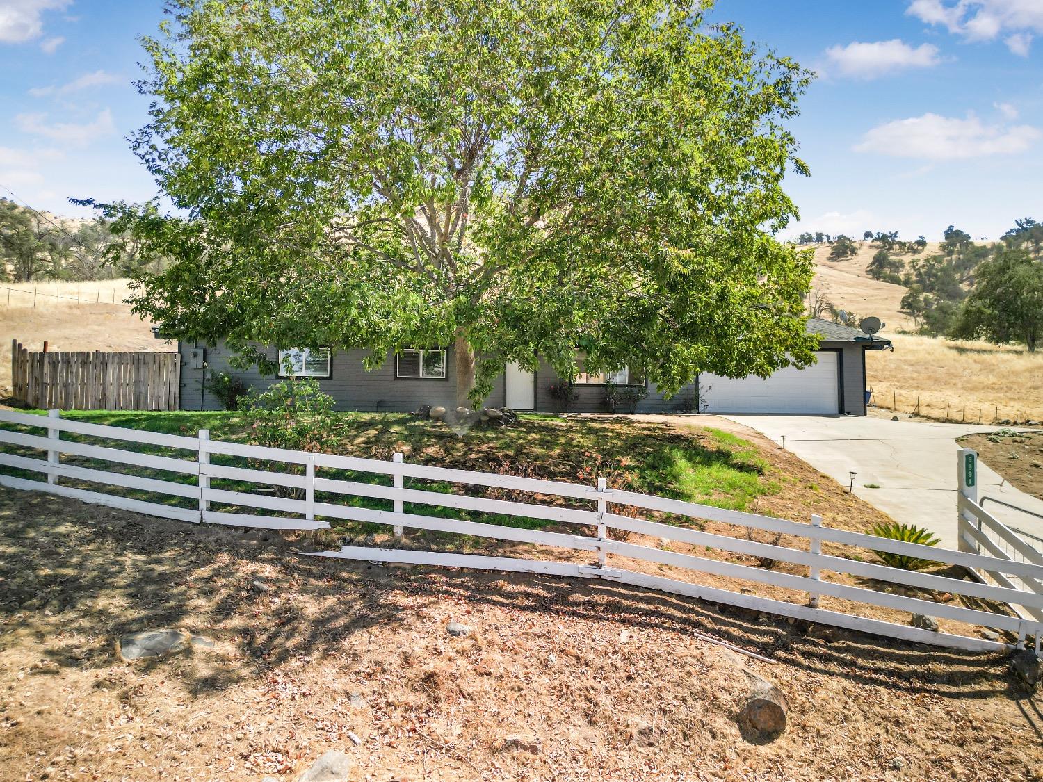 a view of a yard with wooden fence