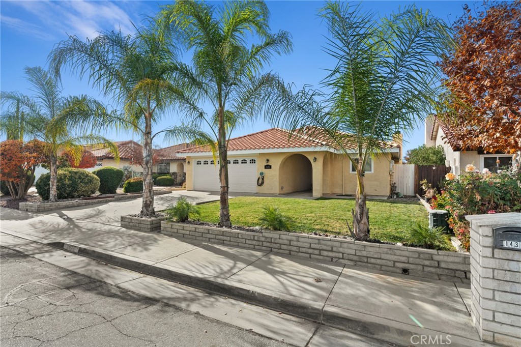 a view of a house with a yard and palm trees